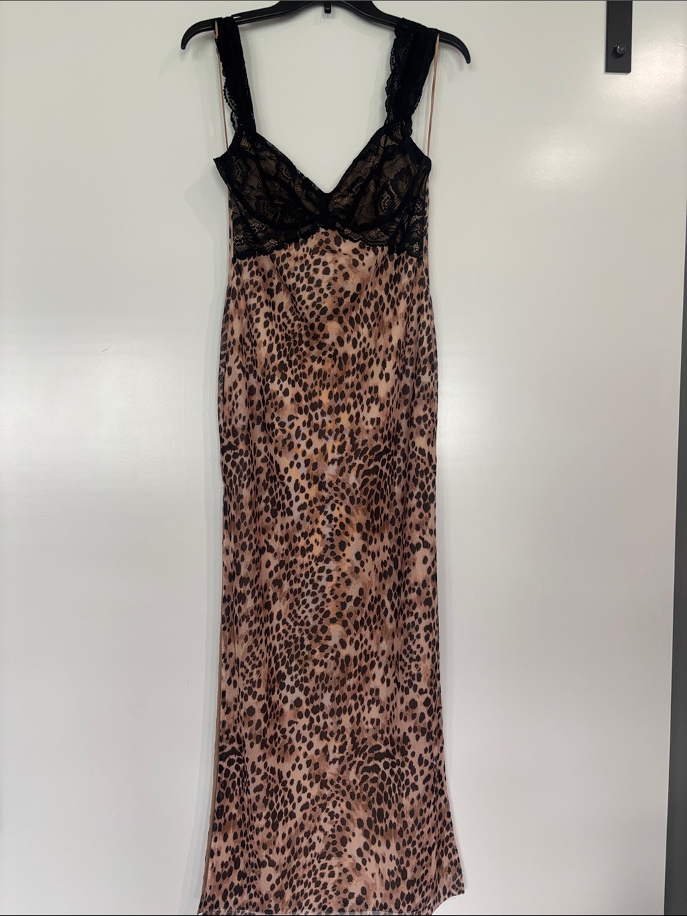 Blue Blush Leopard Print Maxi Slip Dress with Black Lace